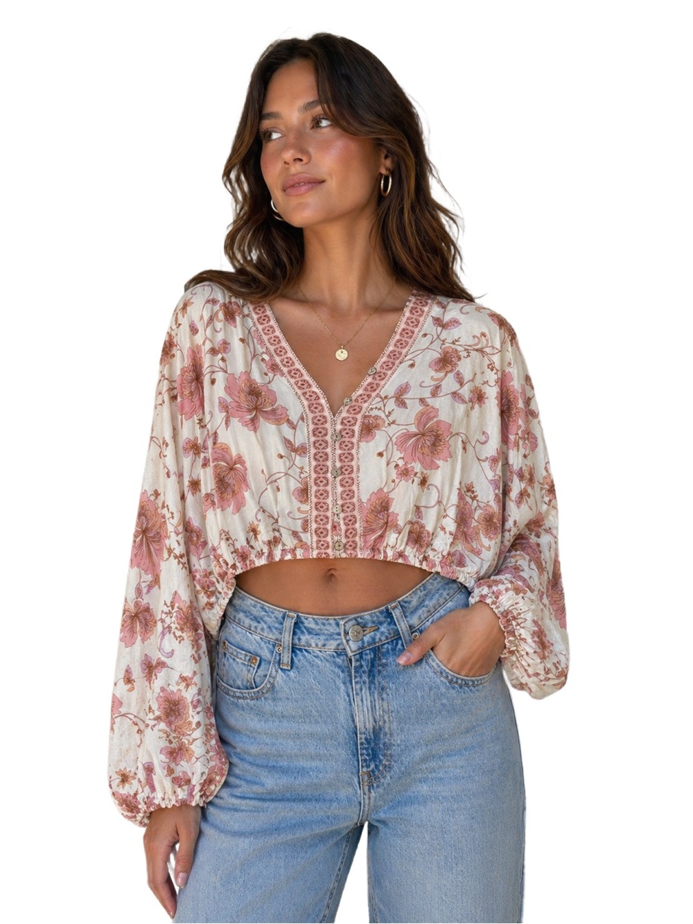Rose + Olive Floral Boho Cropped Blouse,  Pink & Cream Long Sleeve, Size L